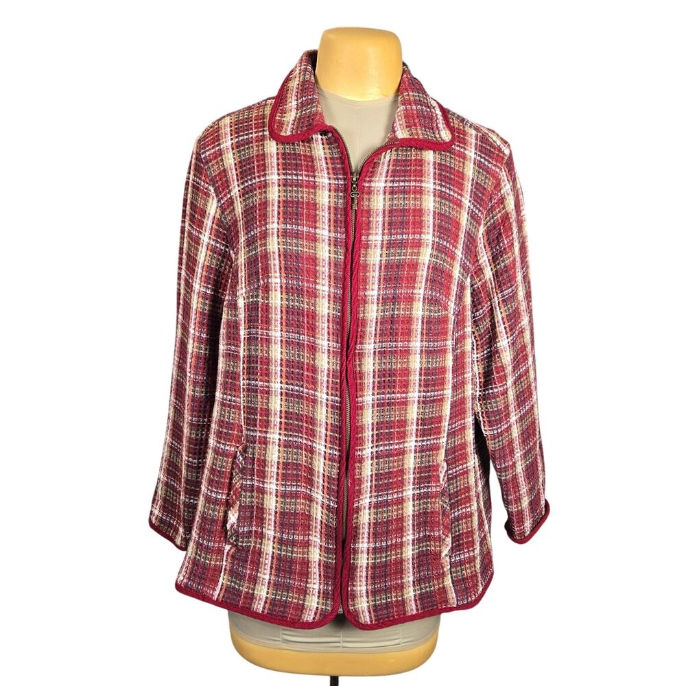 Liz & Me Womens 2X Zip Up Jacket Plaid Jacquard Colorful Knit Bohemian Cozy Fall